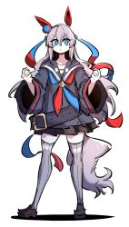  1girl absurdres animal_ears black_sailor_collar black_shirt black_skirt blue_eyes blue_hairband blue_neckerchief closed_mouth ear_covers grey_hair grey_tail grey_thighhighs hair_between_eyes hairband headband highres horse_ears horse_girl horse_tail long_hair long_sleeves multicolored_hairband multicolored_neckerchief neckerchief prototype_design red_headband red_neckerchief sailor_collar shirt shoes simple_background skirt smug_suriipi striped_clothes striped_hairband tail tamamo_cross_(umamusume) thigh-highs two-tone_hairband umamusume very_long_hair white_background 