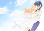  1girl blonde_hair blue_hair closed_eyes couple dress eyes_closed hatsubi hug jewelry long_hair macross macross_frontier ponytail saotome_alto sheryl_nome single_earring sky smile tears 