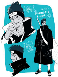  2boys absurdres akatsuki_uniform black_coat black_nails blue_background character_name coat commentary_request doodle_inset forehead_protector highres hoshigaki_kisame hotata_3 kirigakure_symbol konohagakure_symbol long_sleeves looking_at_viewer male_focus multiple_boys naruto_(series) samehada_(naruto) shark sharp_teeth smile sword sword_on_back teeth translation_request twitter_username uchiha_itachi weapon weapon_on_back 