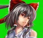  bad_id bare_shoulders black_hair bow brown_eyes detached_sleeves face green green_background hair_bow hakurei_reimu lips miko short_hair simple_background solo tn_(nakamatic-arsenal) touhou 
