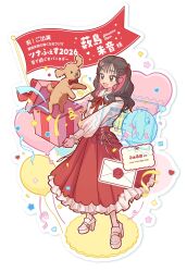  1girl balloon black_eyes black_hair bow bowtie box character_name colored_inner_hair commentary_request confetti dog dress earrings envelope fingernails flag fuu-san gift gift_box heart heart_balloon highres holding holding_gift jewelry long_hair long_sleeves multicolored_hair nail_polish neck_ribbon official_alternate_hairstyle open_mouth real_life red_bow red_bowtie red_hair red_nails red_ribbon ribbon simple_background smile standing star_(symbol) techimi two-tone_hair voice_actor watermark white_background yabushima_akane 
