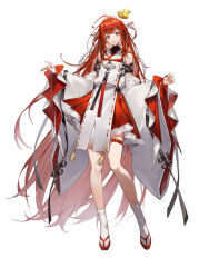  1girl absurdres ahoge animal_on_head bare_shoulders bird bird_on_head code:_dragon_blood detached_sleeves dragon_raja_(jiang_nan) dress duck frills full_body hair_ornament highres japanese_clothes long_hair long_sleeves looking_at_viewer on_head parted_lips red_eyes red_hair ribbon ribbon-trimmed_sleeves ribbon_trim sanremao simple_background skirt socks solo standing tabi tachi-e thigh_strap uesugi_erii very_long_hair white_background white_socks wide_sleeves 