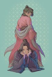  1boy 1girl black_hair blue_background chinese_clothes commentary_request double_bun hair_bun hanfu highres jinshi_(kusuriya_no_hitorigoto) korean_commentary kusuriya_no_hitorigoto looking_back lying maomao_(kusuriya_no_hitorigoto) on_stomack pink_hanfu purple_hanfu sash standing yge0lg8 
