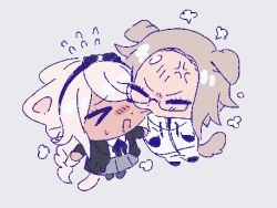  >_< 1boy 1girl anger_vein animal_ears aotsuki_eito biting black_gloves black_hairband black_jacket braid cat_ears cat_girl cat_tail cheek_pull chibi chibi_only closed_eyes commentary dog_boy dog_ears dog_tail english_commentary flying_sweatdrops glasses gloves grey_hair grey_skirt hairband highres jacket kemonomimi_mode kirifuji_nozomi long_hair shirt short_hair skirt tail the_hundred_line_-last_defense_academy- white_jacket white_shirt yasudas 