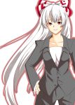  bow formal fujiwara_no_mokou hair_bow hand_on_hip hips long_hair nagomineco pant_suit pink_eyes silver_hair smile solo suit touhou very_long_hair 