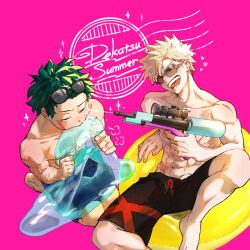  2boys abs bakugou_katsuki black_swim_trunks blonde_hair blue_swim_trunks boku_no_hero_academia closed_eyes collarbone commentary_request eyewear_on_head fingernails green_hair highres holding holding_water_gun itiruru713 male_focus midoriya_izuku multiple_boys multiple_scars navel open_mouth pectorals pink_background scar scar_on_arm scar_on_face short_hair simple_background spiky_hair sunglasses teeth toned toned_male topless_male water_gun 