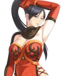  arm_up armpit armpits black_hair breasts cleavage earrings elbow_gloves gloves grey_eyes huge_breasts jewelry large_breasts lian_shi lips lipstick long_hair maoo_aruba maou_alba ponytail shin_sangoku_musou side_slit simple_background solo 