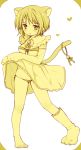  barefoot bell cat_ears cat_paws cat_tail copyright_request dress dress_lift elbow_gloves gloves heart jingle_bell matsusaka_gyuu monochrome panties paws ribbon short_hair side-tie_panties single_shoe solo tail tail_ribbon underwear yellow 
