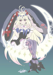 1girl animal_ears antenna_hair bare_shoulders blonde_hair brooch commentary crescent_moon cure_arcana_shadow diamond_hairband dress fake_animal_ears frilled_cuffs frills hair_intakes heart heart_brooch highres jewelry long_hair looking_at_viewer meitantei_precure! moon moria_luluka morishima_noriko multicolored_hair playboy_bunny precure rabbit_ears ribbon sleeveless solo veil very_long_hair violet_eyes wrist_cuffs