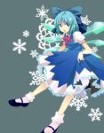  blue_eyes blue_hair bobby_socks bow cirno dress fairy footwear frilled_legwear frilled_socks hair_ribbon ice mary_janes necktie plastic ribbon shoes short_hair smile snowflakes socks solo touhou wings 