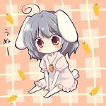  ahoge animal_ears black_hair brown_hair bunny_ears bunny_tail carrot chibi child dress inaba_tewi jewelry orange_eyes pendant red_eyes sitting solo tail touhou 