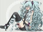  aqua_hair boots closed_eyes colored_eyelashes eyelashes eyepatch eyes_closed hatsune_miku high_heels inukai_(g_a) long_hair necktie open_mouth ribbon shoes shorts sitting thigh-highs thigh_boots thighhighs very_long_hair vocaloid 