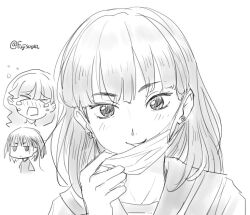  >_< 3girls blush commentary_request crying earrings flying_sweatdrops fujisawa_takashi jewelry jitome lara_(sayonara_lara) long_hair looking_at_viewer maibara_himeka mask_pull monochrome multiple_girls ootsu_mari pulling_own_clothes rectangular_mouth sayonara_lara school_uniform serafuku short_hair signature smile twitter_username 