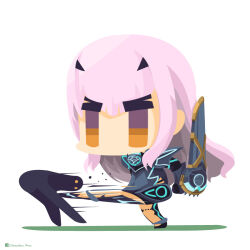  1girl blue_dress chameleon_man_(three) chibi chibi_only commentary_request dress fate/grand_order fate_(series) full_body hair_between_eyes kicking long_hair melusine_(fate) motion_lines no_lineart pantyhose simple_background solo standing standing_on_one_leg v-shaped_eyebrows white_background white_hair yellow_eyes yellow_pantyhose 