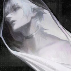  1boy black_background choker collarbone commentary dutch_angle english_commentary greyscale hair_behind_ear highres honkai:_star_rail honkai_(series) hood hood_up male_focus marbunniie medium_hair monochrome neck_tattoo parted_bangs parted_lips phainon_(honkai:_star_rail) profile solo sun_symbol sun_tattoo tattoo upturned_eyes 