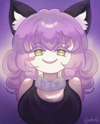  animal_ears black_shirt black_souls black_souls_2 blush_stickers breasts cat_ears cat_girl cheshire_cat_(black_souls) collar colored_eyelashes faydee grey_collar grin highres looking_at_viewer medium_breasts medium_hair multicolored_hair pink_hair purple_hair sharp_teeth shirt single_blush_sticker sleeveless sleeveless_shirt smile teeth yellow_eyes 