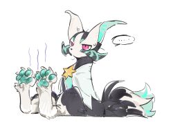  ... animal_feet animal_hands body_fur claws closed_mouth cn_chenchenzi full_body furry highres looking_at_viewer looking_back multiple_tails pawpads pink_eyes pokemon_(creature) qiuka_(roco_kingdom:_world) roco_kingdom roco_kingdom:_world simple_background sitting sketch solo speech_bubble spoken_ellipsis star_(symbol) sweat tail white_background 