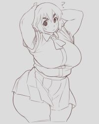  1girl ? absurdres alternate_breast_size_(larger) armpit_hair armpits arms_behind_head ayase_fuuka bare_arms breasts commentary cowboy_shot cropped_legs dress_shirt fat fatter_than_canon hayabusart highres legs_together light_blush lineart looking_at_viewer miniskirt no_pupils pleated_skirt shirt shirt_tucked_in short_hair short_sleeves simple_background skirt solo standing straight_hair thick_arms thick_thighs thighs v-shaped_eyebrows white_background wide_hips yotsubato! 