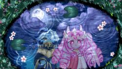  black_robe blue_hair blue_skin blush clouds cloudy_sky colored_skin cookie_run cookie_run:_kingdom dress drill_hair echo172975 eternal_sugar_cookie feathered_wings flower gold_necklace grass hair_over_one_eye head_wings headdress highres jewelry lily_pad long_hair long_sleeves looking_at_reflection moon multicolored_hair necklace open_mouth pink_hair pink_skin pond red_scarf robe scarf shadow_milk_cookie signature sky sleeveless_robe squatting turtleneck white_dress white_eyeshadow white_hair white_robe wings yellow_eyes yellow_scarf 