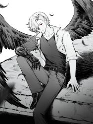  1boy a_tuan absurdres animification ankh_(ooo) belt belt_buckle braid buckle chinese_commentary closed_mouth commentary curtained_hair feathered_wings feathers floating_clothes gauntlets greyscale highres kamen_rider kamen_rider_ooo_(series) knee_up layered_clothes long_sleeves looking_at_viewer male_focus monochrome pants red_eyes shoes short_hair single_gauntlet sitting solo spot_color wings 