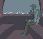  arm_support bracelet chin_rest ferris_wheel green_hair jewelry lonely long_hair looking_afar male morinaga777 n_(pokemon) necklace night pants pendant pokemon pokemon_(game) pokemon_black_and_white pokemon_bw resting shirt sitting white_shirt window zorua 