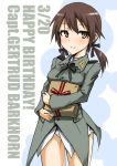  brown_hair gertrud_barkhorn gift happy_birthday holding holding_gift long_hair military military_uniform ogitsune_(ankakecya-han) panties strike_witches twintails underwear uniform 