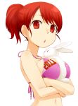  :o between_breasts bikini bra breast_lift breasts bunny bust cleavage large_breasts lingerie looking_at_viewer nagian open_mouth original rabbit red_eyes red_hair redhead simple_background solo swimsuit underwear 