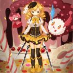  blonde_hair boots breasts candy_cane charlotte_(madoka_magica) cookie detached_sleeves doughnut drill_hair fingerless_gloves food gloves gun hair_ornament hasetomo hat magical_girl magical_musket mahou_shoujo_madoka_magica pleated_skirt puffy_sleeves rifle skirt skirt_lift thigh-highs thighhighs tomoe_mami weapon yellow_eyes zettai_ryouiki 