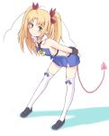  astarotte_no_omocha! bent_over blonde_hair blush bow demon_tail detached_collar green_eyes hair_bow leaning_forward long_hair lotte_no_omocha! purea smile tail thigh-highs thighhighs 