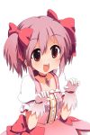  :d bad_aspect_ratio blush bow brooch cat_pose choker dress gloves hair_bow hair_ribbon jewelry kaname_madoka magical_girl mahou_shoujo_madoka_magica necklace open_mouth paw_pose pink_dress pink_hair red_eyes ribbon short_hair short_twintails simple_background smile solo sora_to_umi twintails white_gloves 