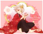  barefoot birthday blazblue cake character_name feet food fork fruit green_eyes hakama heterochromia highres japanese_clothes male ragna_the_bloodedge red_eyes solo spiked_hair spiky_hair tomorag7 white_hair 