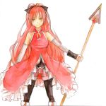  bad_id bare_shoulders black_legwear boots bow detached_sleeves hair_bow long_hair magical_girl mahou_shoujo_madoka_magica polearm ponytail red_eyes red_hair redhead sakura_kyouko solo spear thighhighs traditional_media watercolor_(medium) watercolors weapon ynoki 