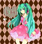  bad_id blue_eyes blush checkered checkered_background dress green_hair hatsune_miku itigomasimaro_ayu long_hair petticoat slip_skirt solo twintails very_long_hair vocaloid 