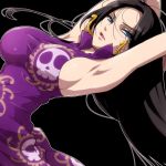  arms_up black_hair blue_eyes boa_hancock breasts china_dress chinese_clothes earrings hairu jewelry large_breasts long_hair lowres one_piece sideboob simple_background solo 