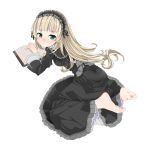  barefoot black_dress blonde_hair blush book dress feet frills gosick gothic_lolita green_eyes highres lolita_fashion long_hair looking_back nanako_(artist) simple_background soles solo toe_scrunch toes victorica_de_blois victorique_de_broix white_background 