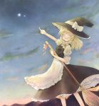 bad_id blonde_hair blush bow braid broom closed_eyes eyes_closed hair_bow hat kirisame_marisa miyanonnon night open_mouth pointing ribbon short_hair sky smile solo star touhou witch witch_hat 