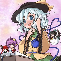  4girls :3 =_= animal_ears arm_cannon black_hair blue_eyes blue_hair blush bow braid cape cat_ears eyeball fangs gorakujin hair_bow hairband hat heart heart_of_string kaenbyou_rin komeiji_koishi komeiji_satori long_hair minigirl multiple_girls phone pink_hair red_eyes red_hair redhead reiuji_utsuho short_hair siblings silver_hair sisters third_eye touhou twin_braids weapon wings 