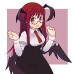  :d bat_wings bespectacled blush demon_wings fang glasses head_wings highres koakuma long_hair necktie open_mouth oza_watto red_eyes red_hair redhead smile solo the_embodiment_of_scarlet_devil touhou wings 