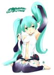  aqua_eyes aqua_hair arm_up armpits barefoot belt bridal_gauntlets center_opening elbow_gloves fingerless_gloves gloves hatsune_miku hatsune_miku_(append) lifting long_hair miku_append nagian navel open_mouth sitting solo toeless_socks very_long_hair vocaloid vocaloid_append wariza 