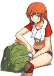  1girl backpack bag blue_eyes bottle breasts charlotte_e_yeager front-tie_top knee_pads long_hair navel orange_hair shiba_murashouji shorts sitting solo strike_witches sweat towel_on_shoulders water_bottle 