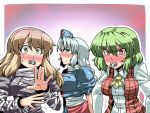  adult_baby adultbaby angry blue_eyes blush brown_hair embarrassed green_hair hat highres hijiri_byakuren kazami_yuuka multicolored_hair multiple_girls pacifier purple_hair red_eyes silver_hair sweat tears touhou tsuki_wani yagokoro_eirin yellow_eyes youkai 