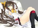  bad_id blush bodysuit brown_hair green_eyes hair_ribbon huang_lingyin infinite_stratos kazu_kakao legs long_hair lying mouth_hold pilot_suit ribbon solo yellow_ribbon 