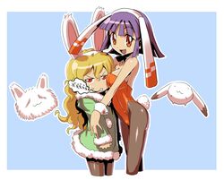  animal_ears blonde_hair breast_smother breasts bunny bunny_ears bunnysuit coat head hug king_of_unlucky multiple_girls original pantyhose purple_hair rabbit red_eyes short_hair 