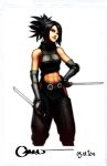  black_eyes black_hair dual_wielding elbow_gloves fingerless_gloves gloves hand_on_hip highres midriff navel ninja ninjatou omar_dogan signature sleeveless sleeveless_shirt solo tenchu weapon 