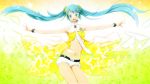  16:9 aqua_hair belt bracelet floating_hair hatsune_miku headphones highres jewelry long_hair navel necktie open_mouth outstretched_arms project_diva project_diva_2nd twintails venuspunk very_long_hair vocaloid wallpaper yellow yellow_(vocaloid) 