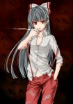  bow cigarette fujiwara_no_mokou grey_hair hair_bow hand_in_pocket long_hair navel open_clothes open_shirt pants red_eyes shirt sleeves_rolled_up smoking solo standing suspenders touhou unasaka_ryou unbuttoned 