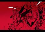  absurdres belt braid cigarette dress flower gun hair_flower hair_ornament highres hong_meiling izayoi_sakuya karlwolf knife letterboxed long_hair monochrome multiple_girls red remilia_scarlet short_hair smoke spot_color throwing_knife touhou twin_braids weapon wings 