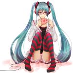  cup glasses hatsune_miku headphones kocchi_muite_baby_(vocaloid) long_hair mug project_diva project_diva_2nd red_eyes red_legwear saryou sitting skirt striped striped_legwear striped_thighhighs thigh-highs thighhighs twintails very_long_hair vocaloid 