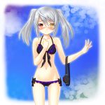  blush eyepatch heterochromia highres infinite_stratos laura_bodewig navel setona_(daice) silver_hair swimsuit twintails 