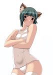  animal_ears blush brown_eyes copyright_request crossed_arms face frown green_hair nishiyama_maruta school_swimsuit short_hair solo swimsuit thighhighs white_legwear white_school_swimsuit white_thighhighs 